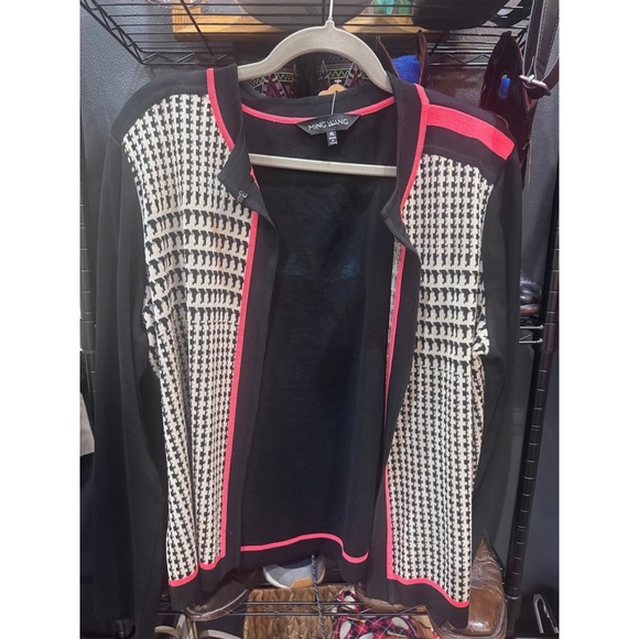 Ming Wang Sweaters - Ming Wang XL Black White Houndstooth Knit Cardigan Sweater Pink Trim